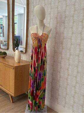City Triangles Multicolor Floral Halter Maxi Dress with Tie Neck